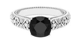 Cushion Cut Solitaire Black Spinel Floral Engagement Ring with Diamond