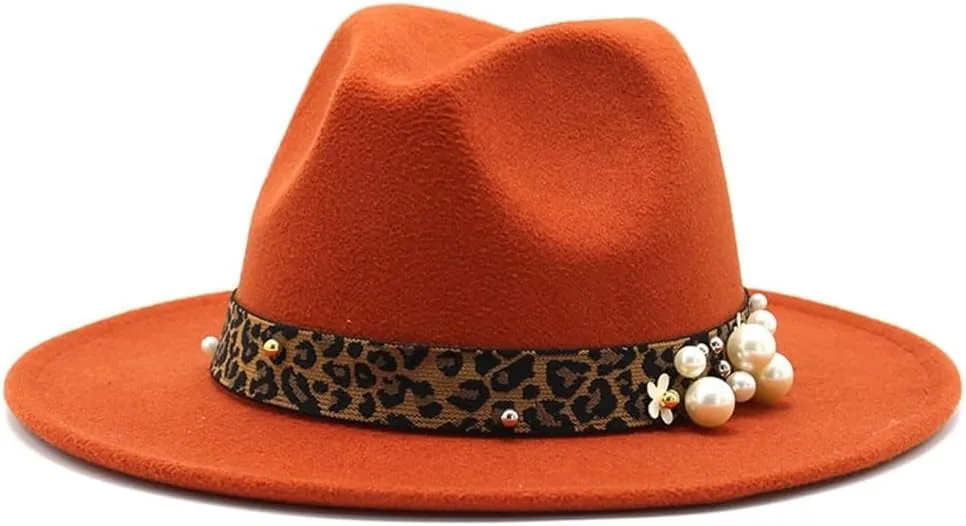 DHAEY Fashion Leopard Texture Pearl Wool Hat Men and Women Jazz Hat Autumn and Winter Versatile Felt Hat Flat Brim Hat with Leopard Belt Luopan Caps & Hats (Color : Caramel, Size : 59-61cm)