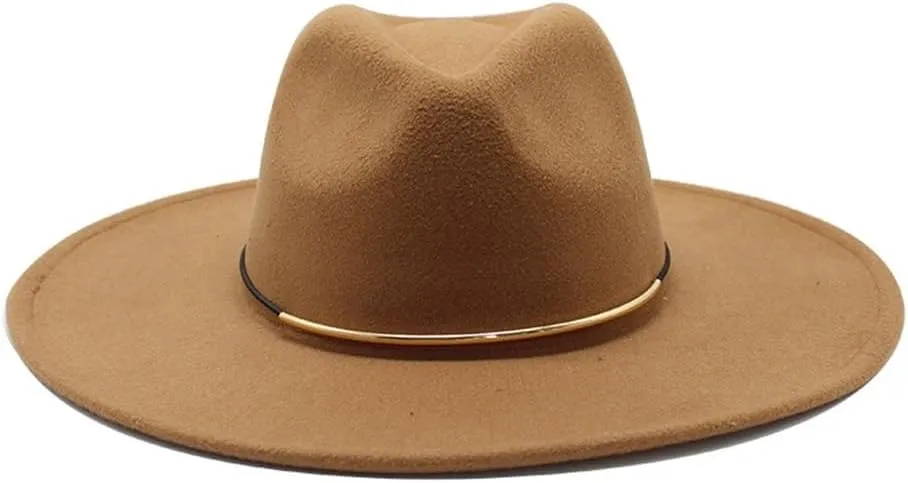 DHAEY Popular Autumn and Winter Woolen Top Hat, Women's Fashion Jazz Hat with Gold Ring, Big Brim Woolen Felt Hat Luopan Caps & Hats (Color : Light Coffee, Size : 56-58cm)