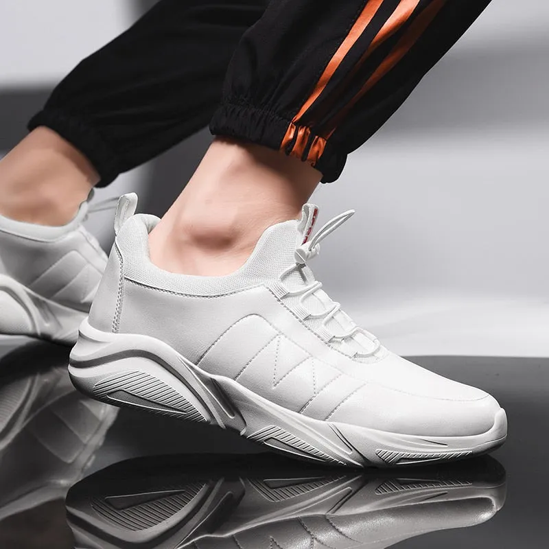 Elastic Laces Men Monochrome  PU Leather Sneakers