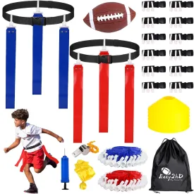 Flag Football Set, 14 Player Adjustable Pop Flag Football Belts with 42 Flags, 6 Cones, Size 3 Football, Penalty Flag, Pump and Carry Bag, Outdoor Games Sport Training Kit for Youth Adult
