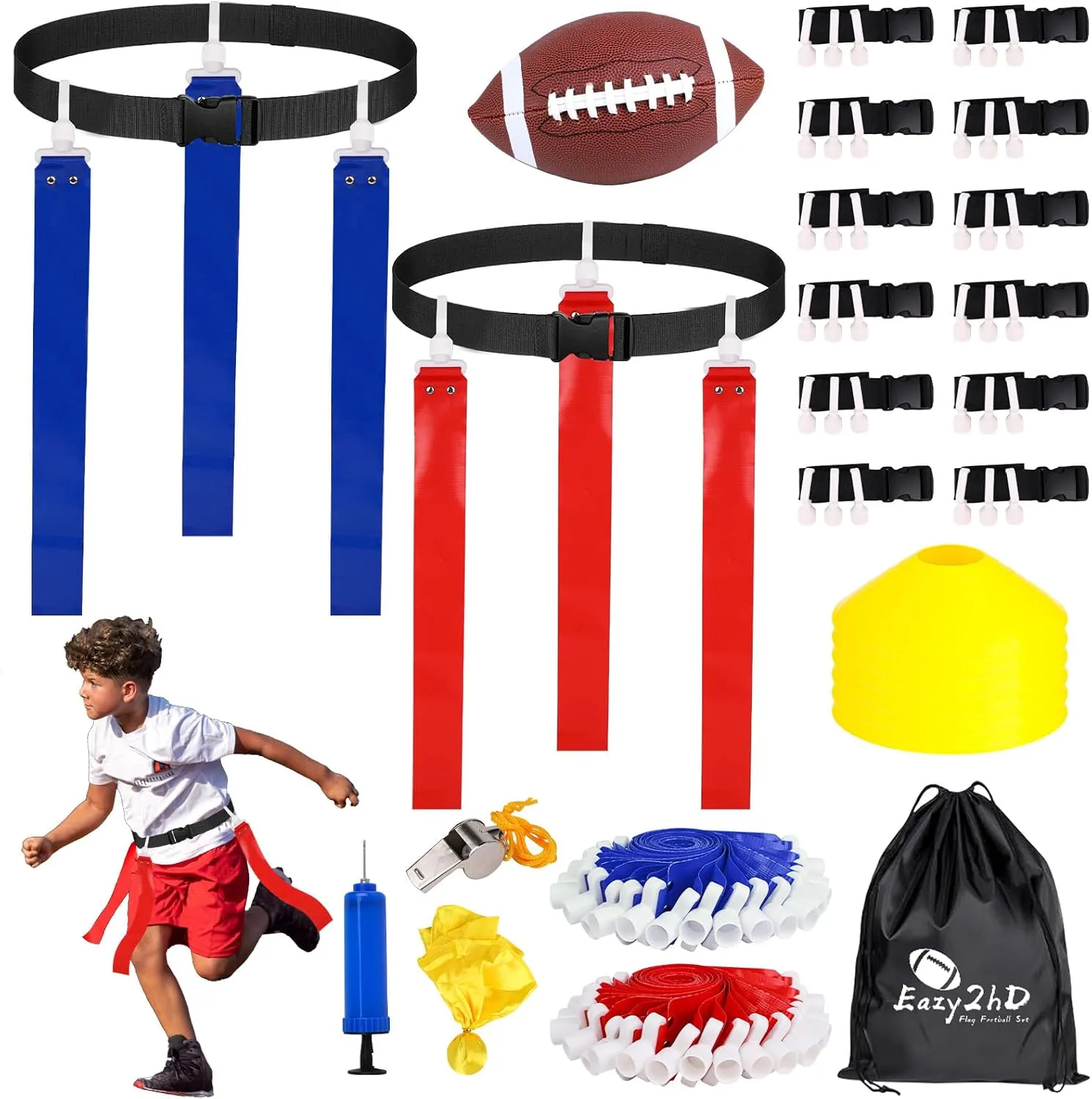 Flag Football Set, 14 Player Adjustable Pop Flag Football Belts with 42 Flags, 6 Cones, Size 3 Football, Penalty Flag, Pump and Carry Bag, Outdoor Games Sport Training Kit for Youth Adult