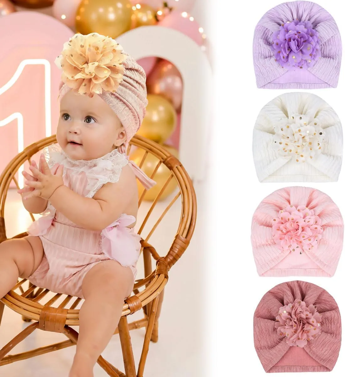 FZBNSRKO 8 Pcs Baby Turban Hats,Baby Hat with Bows/Flower Infant Bonnets Infant Bow Wraps Newborn Headwrap for Baby