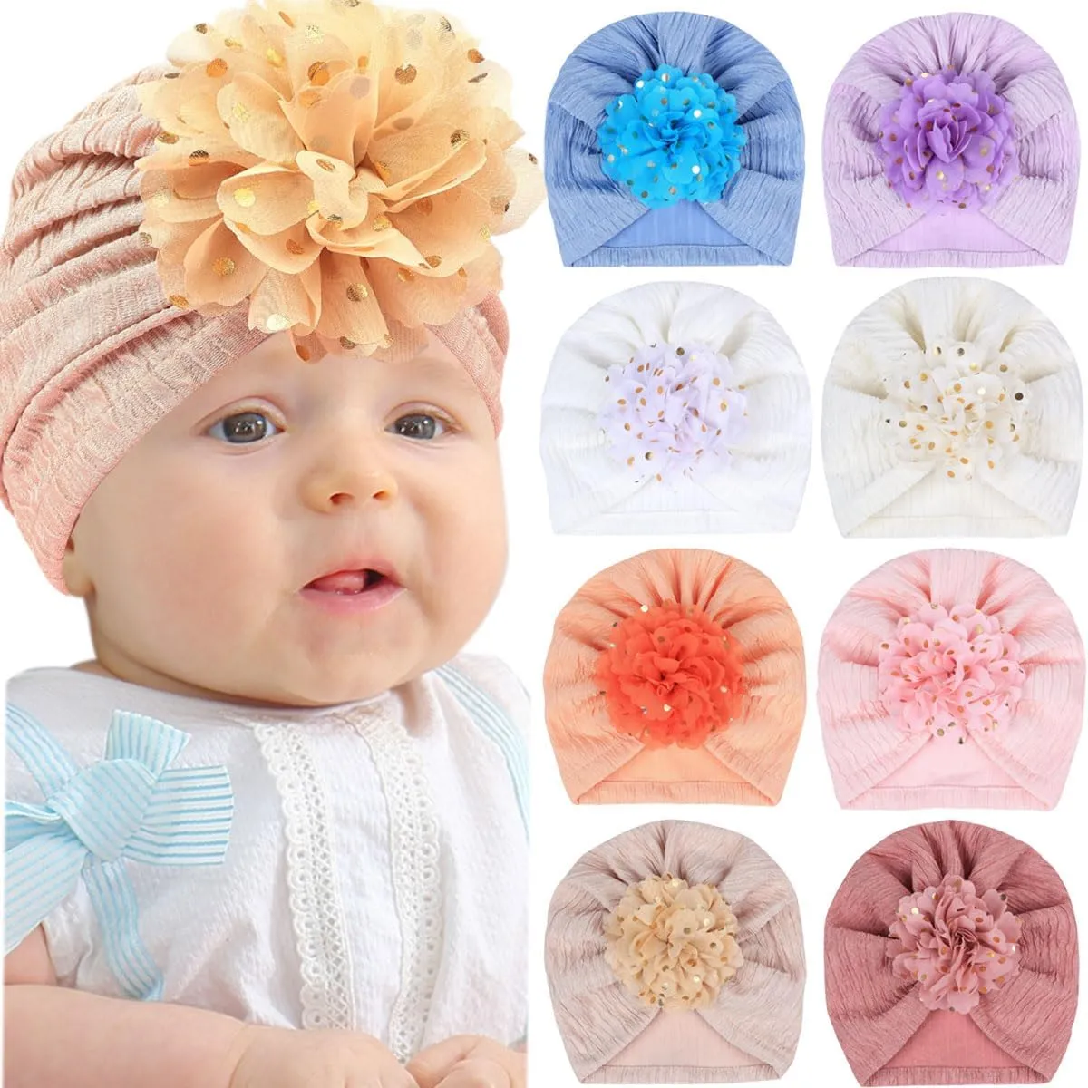 FZBNSRKO 8 Pcs Baby Turban Hats,Baby Hat with Bows/Flower Infant Bonnets Infant Bow Wraps Newborn Headwrap for Baby