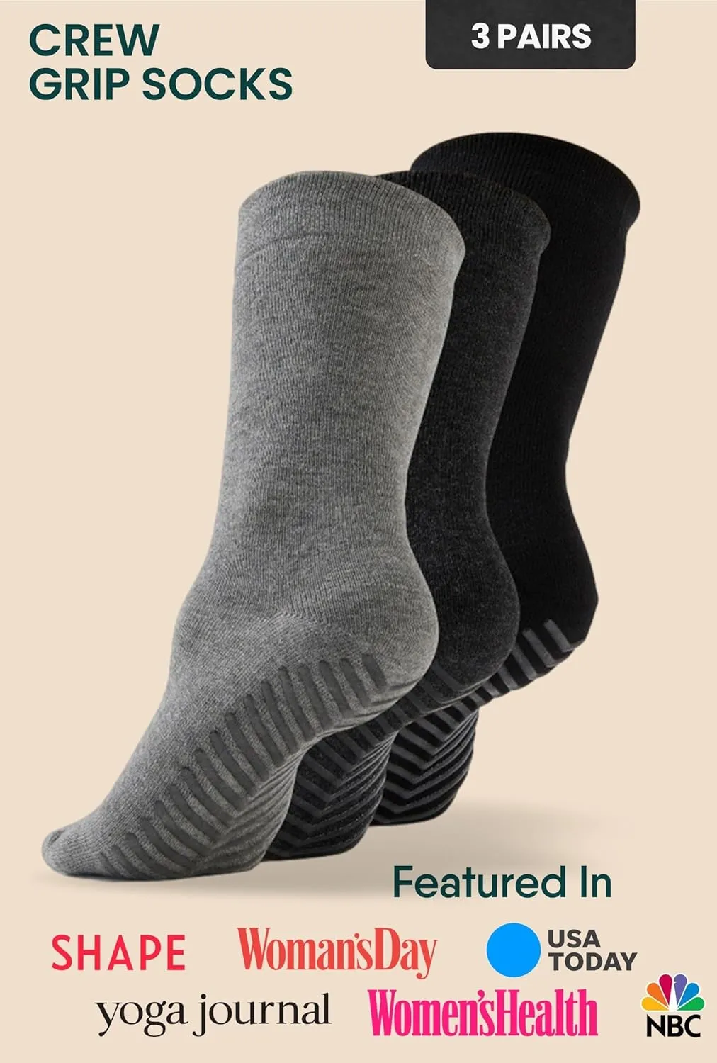 Gripjoy Non-Slip Socks for Women - Crew, 3 Pairs