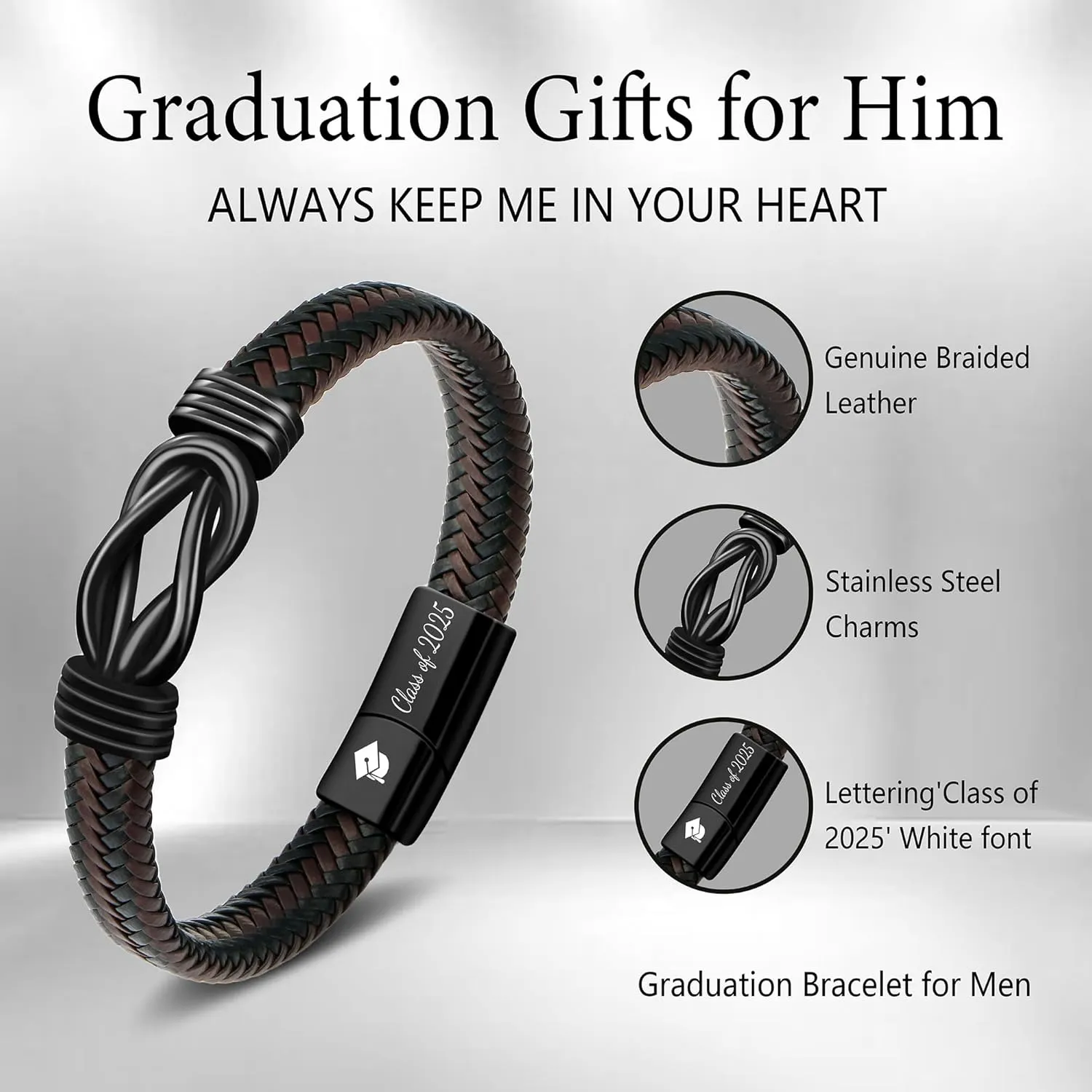      High School, College Graduation Gifts for Men Class of 2025 Leather Stainless Steel Knot Bracelet for Son Boyfriend Brother Grandson Friends