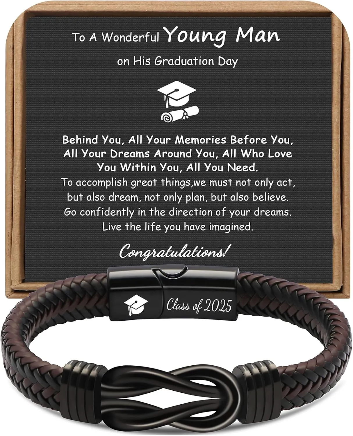      High School, College Graduation Gifts for Men Class of 2025 Leather Stainless Steel Knot Bracelet for Son Boyfriend Brother Grandson Friends