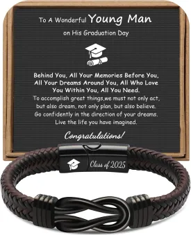      High School, College Graduation Gifts for Men Class of 2025 Leather Stainless Steel Knot Bracelet for Son Boyfriend Brother Grandson Friends