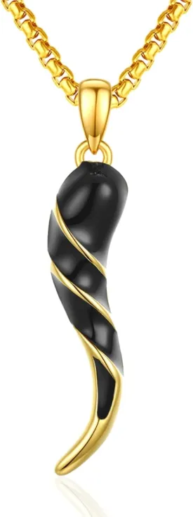 Italian Horn Necklace - Sterling Silver Gold Cornicello Pendant - Mens Lucky Jewelry Gift
