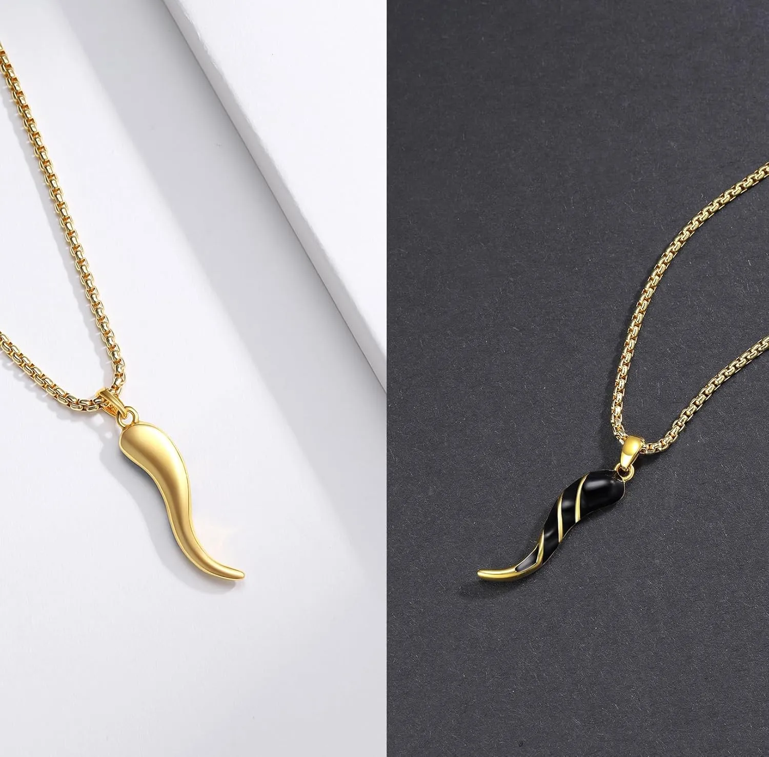 Italian Horn Necklace - Sterling Silver Gold Cornicello Pendant - Mens Lucky Jewelry Gift