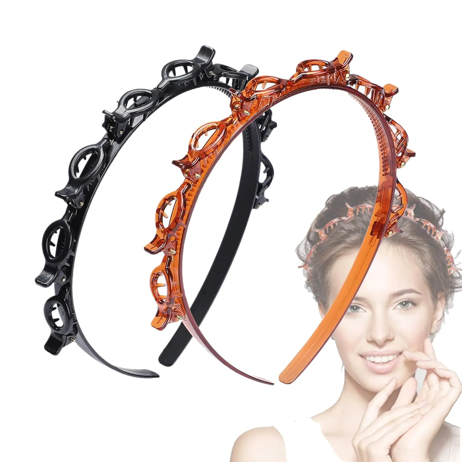 JASSINS 2 Pcs Bangs Hairstyle Hairpin Headband, Professional Weave Bangs Clip, Toothed Headband Braid Tool, Women Girls Fashion Hair Accessories (Black and Brown)