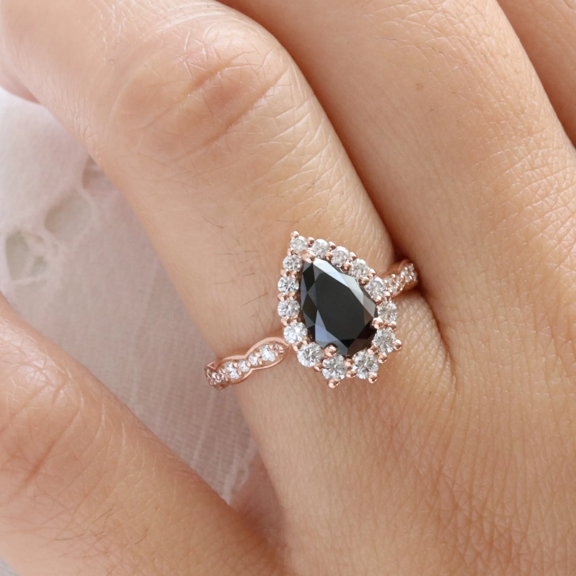 Large Pear Black Diamond Ring in Tiara Halo Diamond Scalloped Band