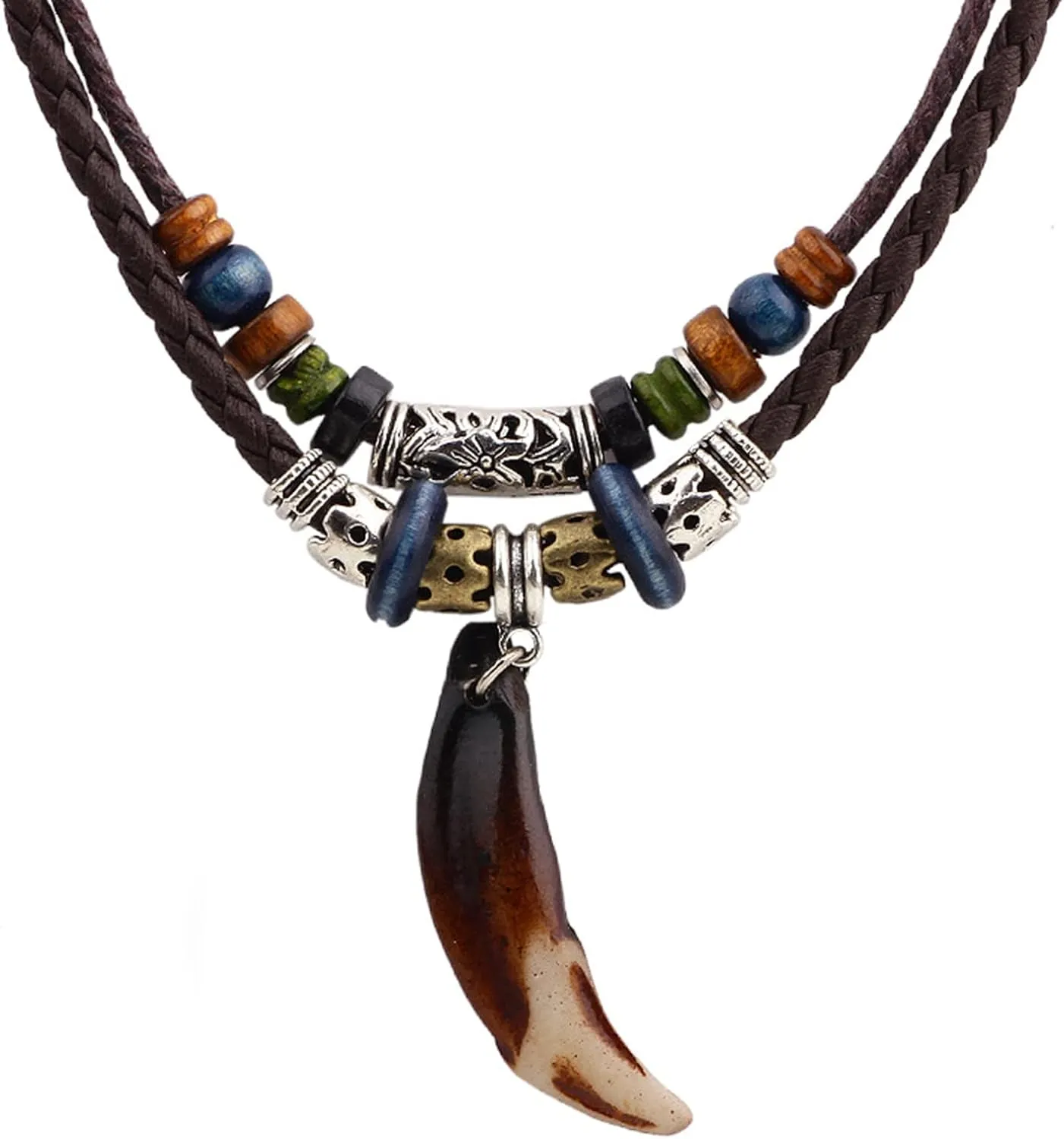 Leather Tribal Necklace for Women Men Vintage Bohemian Style Ethnic Wood Beads Choker Necklace Dog Tooth Pendant Jewelry