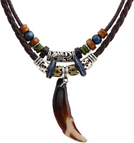Leather Tribal Necklace for Women Men Vintage Bohemian Style Ethnic Wood Beads Choker Necklace Dog Tooth Pendant Jewelry