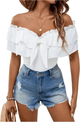 MakeMeChic Women's Off The Shoulder Tops Short Sleeve Tie Front Ruffle Layer Tee Shirts Blouse