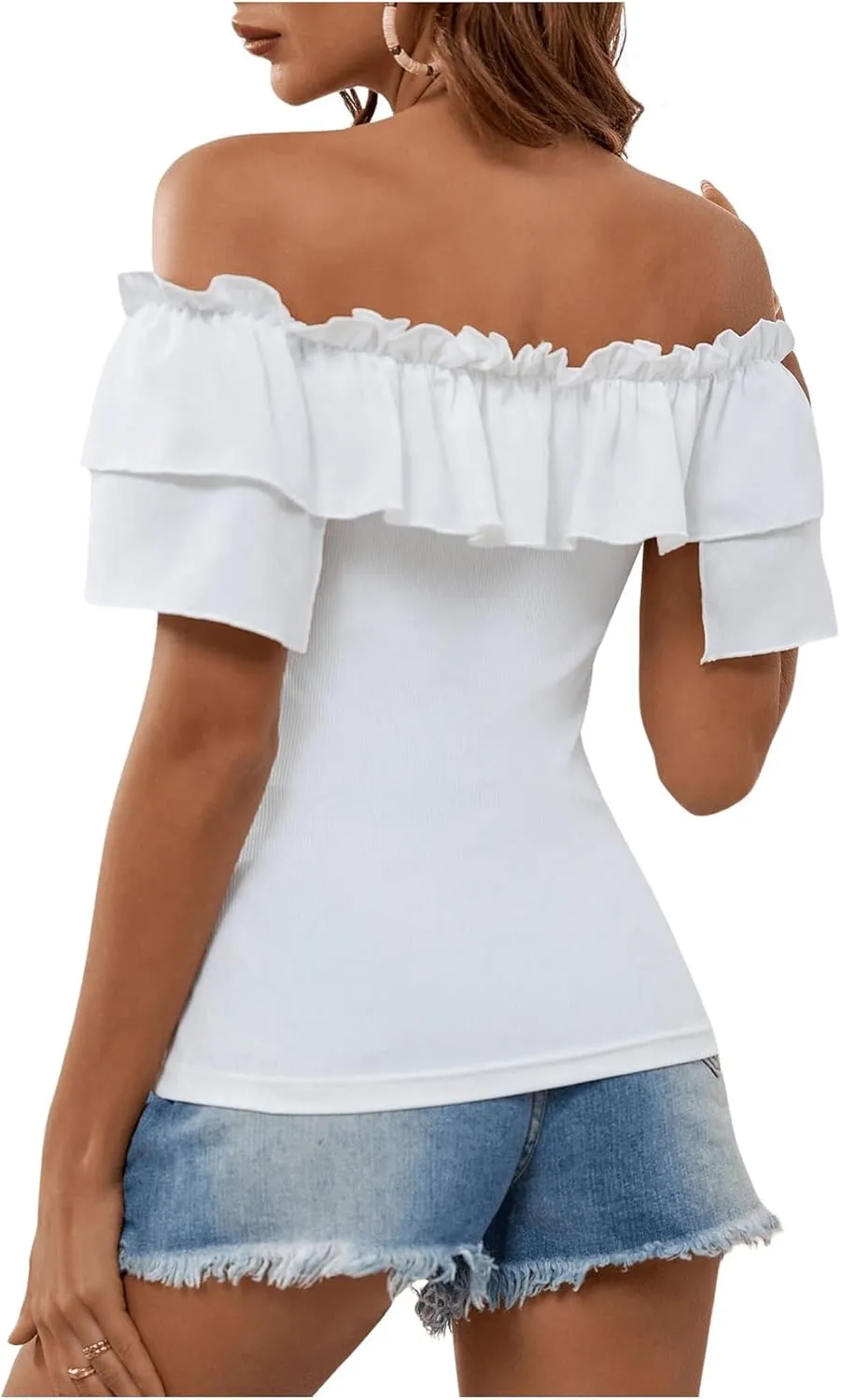 MakeMeChic Women's Off The Shoulder Tops Short Sleeve Tie Front Ruffle Layer Tee Shirts Blouse