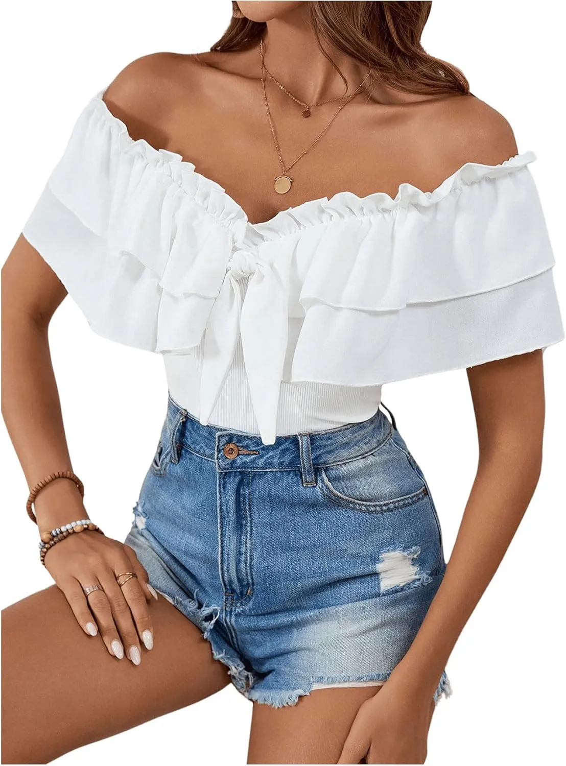 MakeMeChic Women's Off The Shoulder Tops Short Sleeve Tie Front Ruffle Layer Tee Shirts Blouse