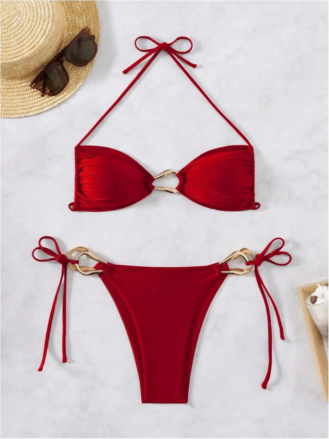 Milumia Women's 2 Piece Swimsuit Ring Linked Tie String Halter Thong Bikini Set Bathing Suits