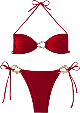 Milumia Women's 2 Piece Swimsuit Ring Linked Tie String Halter Thong Bikini Set Bathing Suits