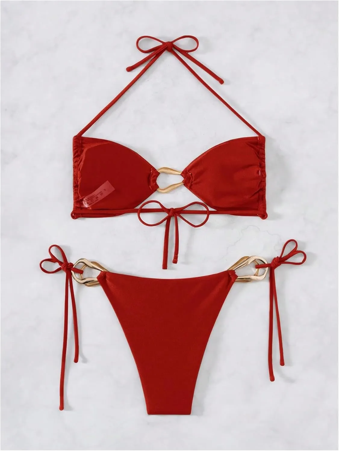 Milumia Women's 2 Piece Swimsuit Ring Linked Tie String Halter Thong Bikini Set Bathing Suits