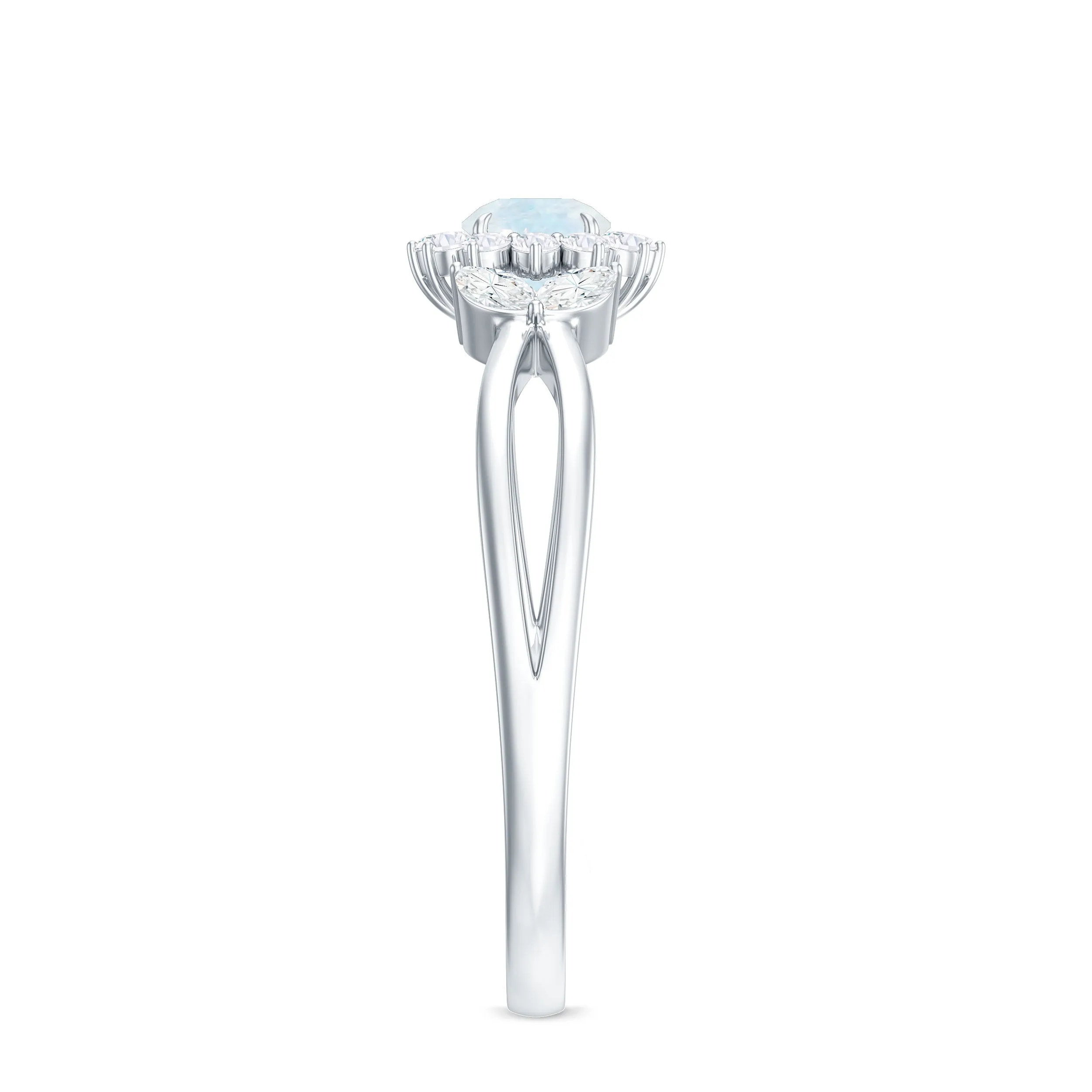 Moonstone and Diamond Flower Engagement Ring with Split Shank