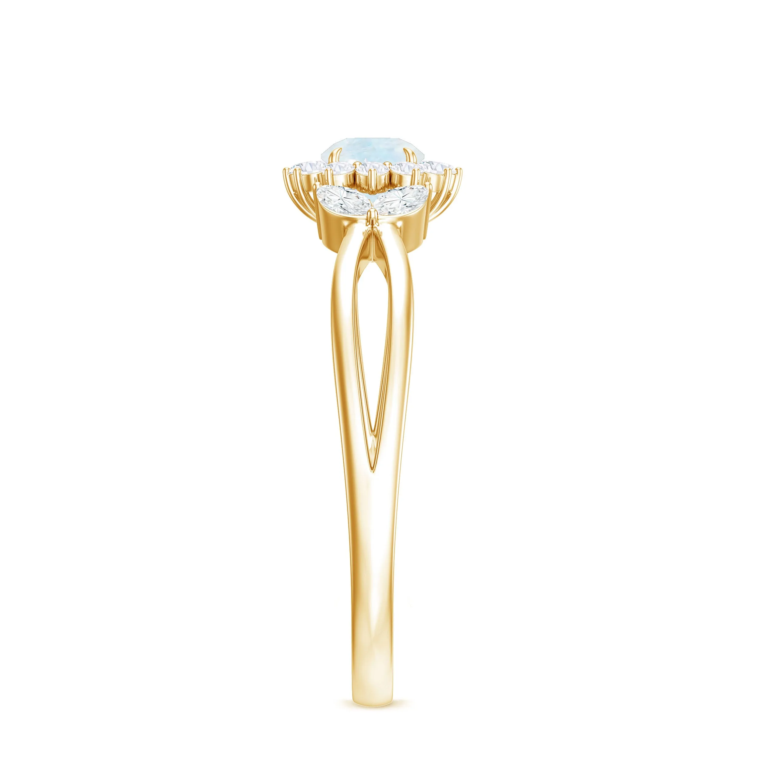 Moonstone and Diamond Flower Engagement Ring with Split Shank