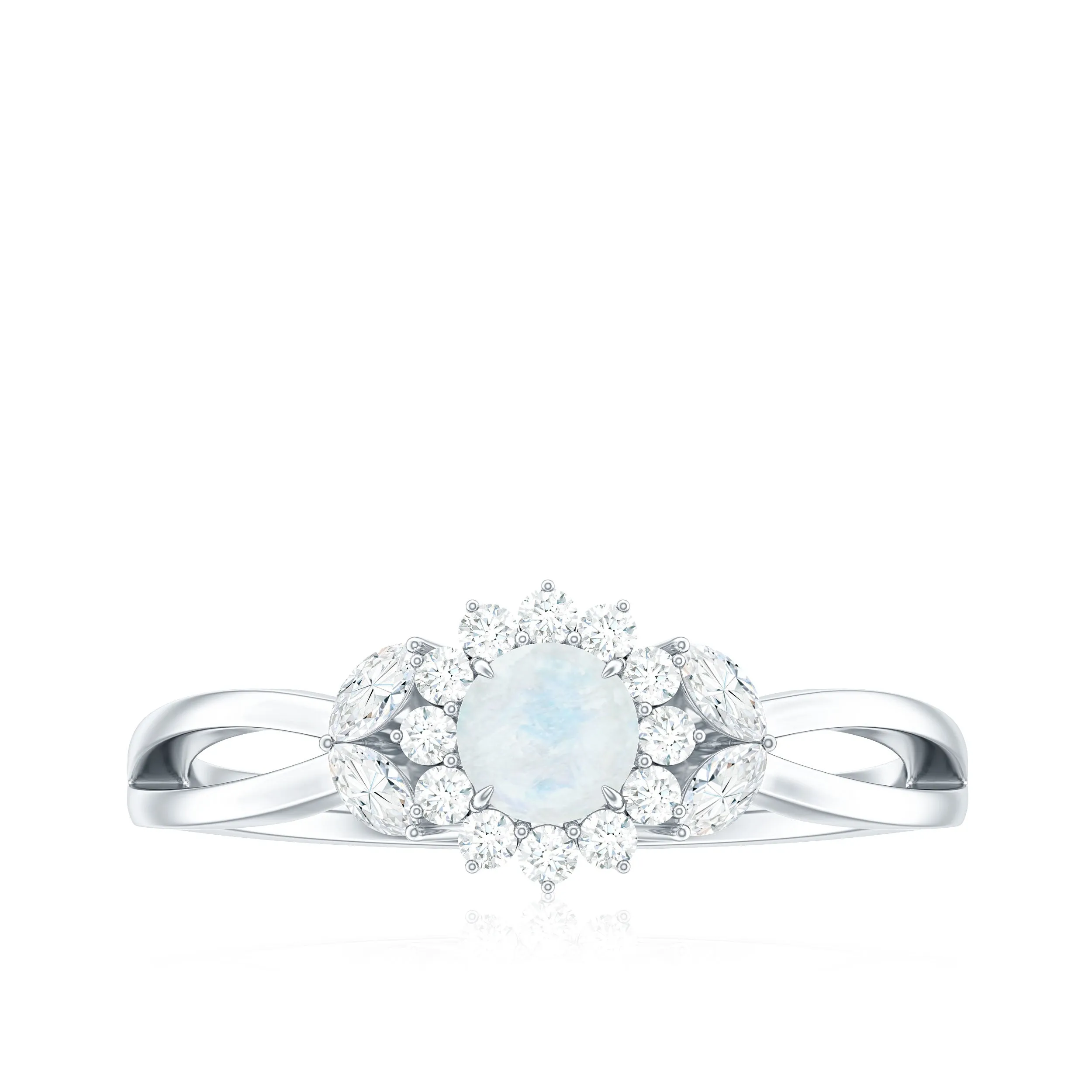 Moonstone and Diamond Flower Engagement Ring with Split Shank