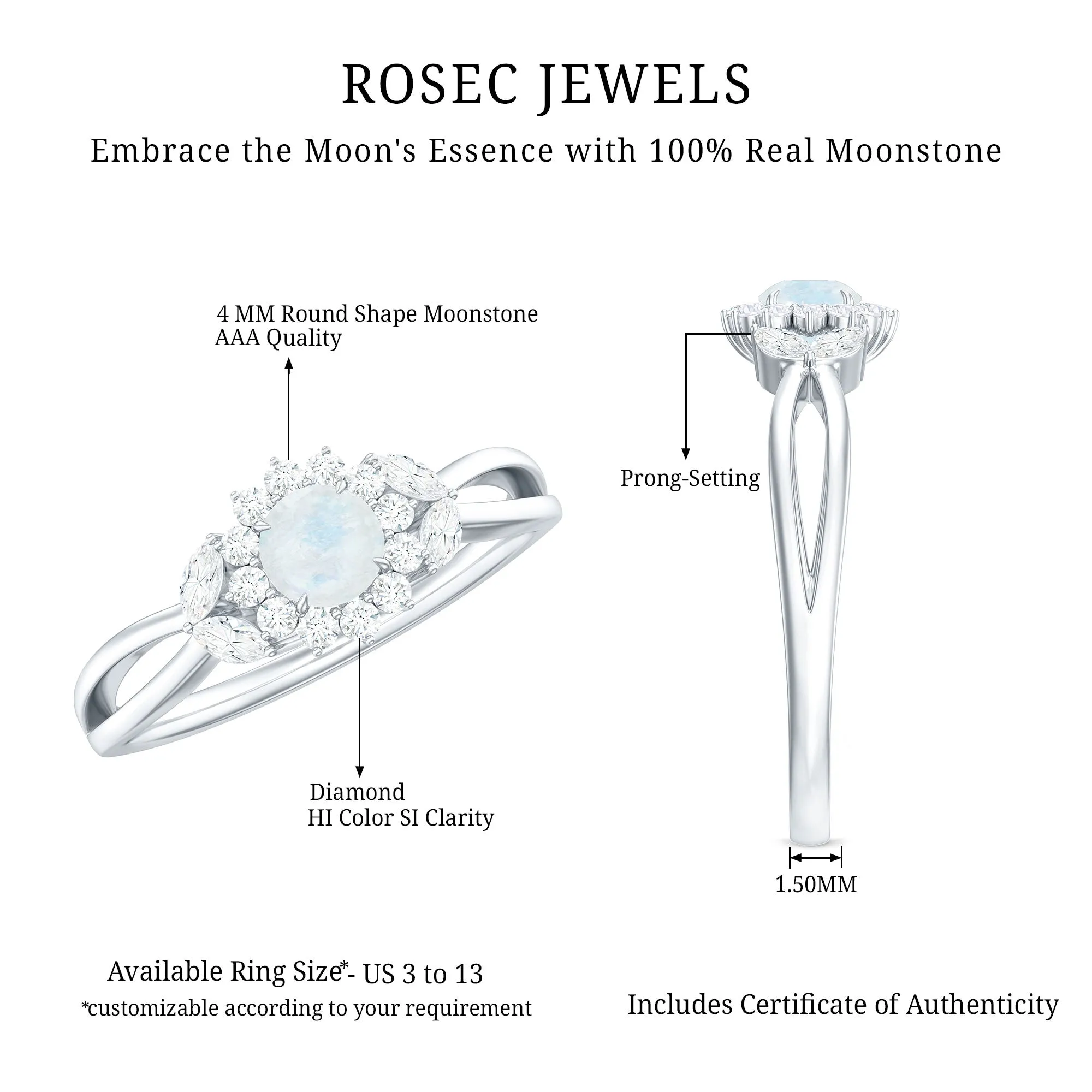 Moonstone and Diamond Flower Engagement Ring with Split Shank