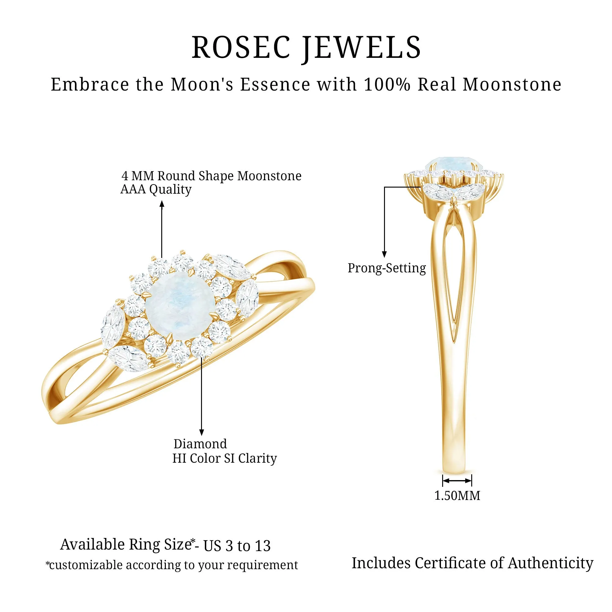 Moonstone and Diamond Flower Engagement Ring with Split Shank