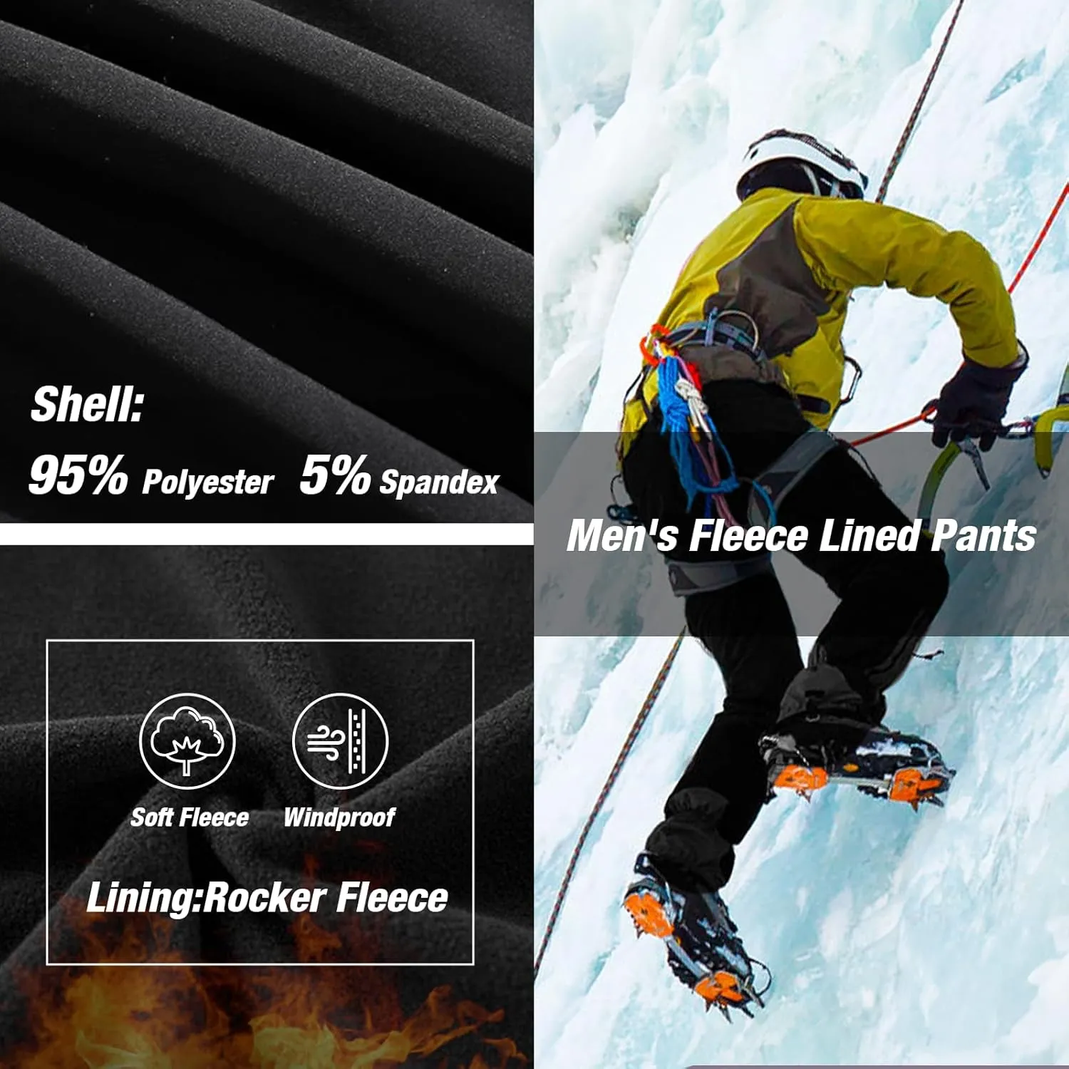 MOURCE Men's Fleece Lined Snow Hiking Pants Water ResistantInsulated Winter Ski Pants 6 Zip Pockets and Belt