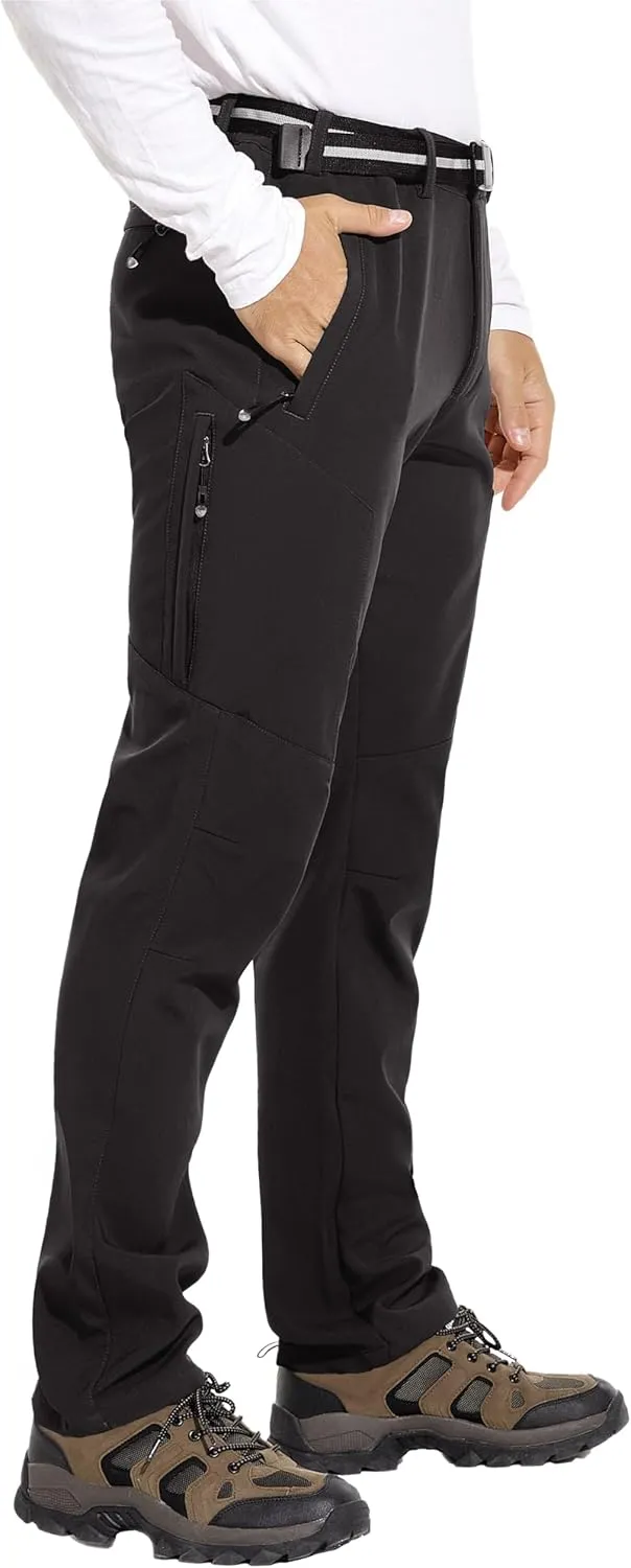 MOURCE Men's Fleece Lined Snow Hiking Pants Water ResistantInsulated Winter Ski Pants 6 Zip Pockets and Belt