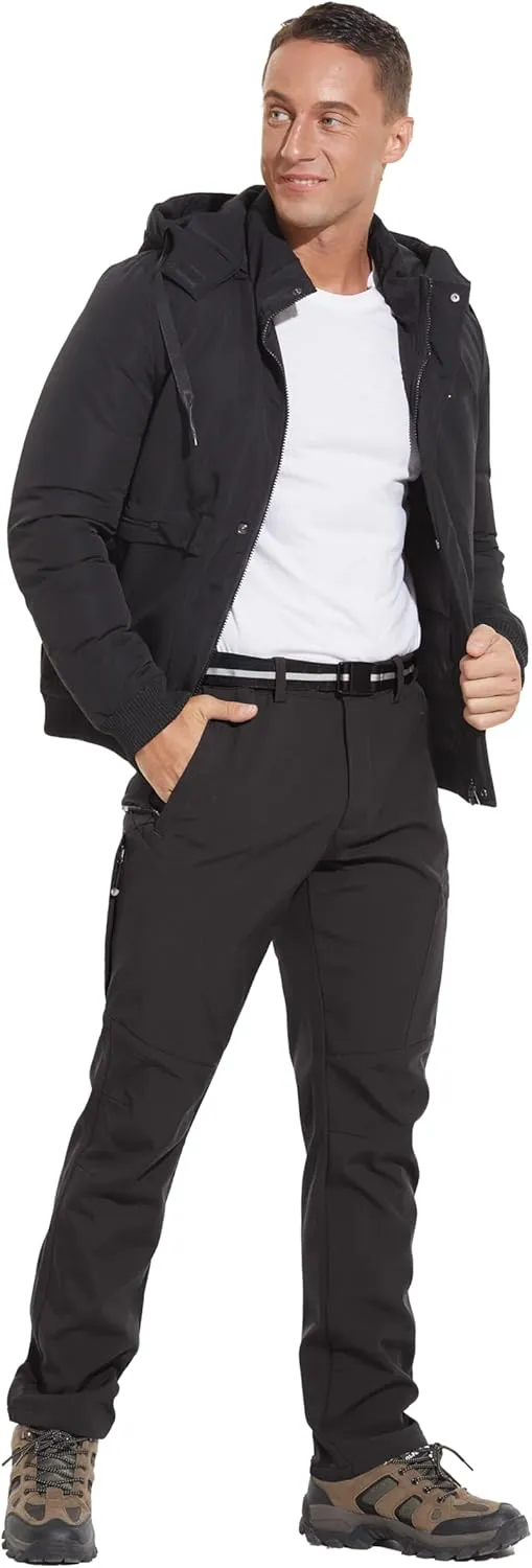 MOURCE Men's Fleece Lined Snow Hiking Pants Water ResistantInsulated Winter Ski Pants 6 Zip Pockets and Belt