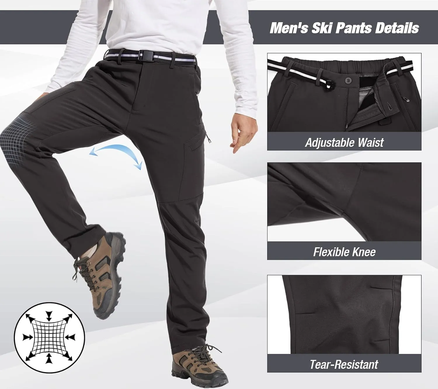 MOURCE Men's Fleece Lined Snow Hiking Pants Water ResistantInsulated Winter Ski Pants 6 Zip Pockets and Belt