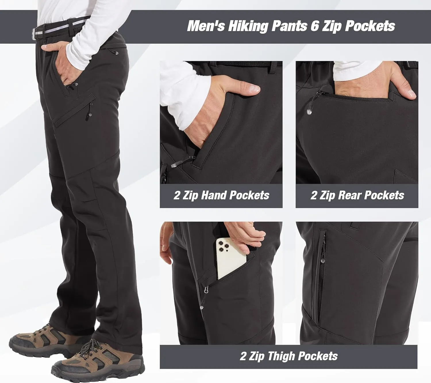 MOURCE Men's Fleece Lined Snow Hiking Pants Water ResistantInsulated Winter Ski Pants 6 Zip Pockets and Belt