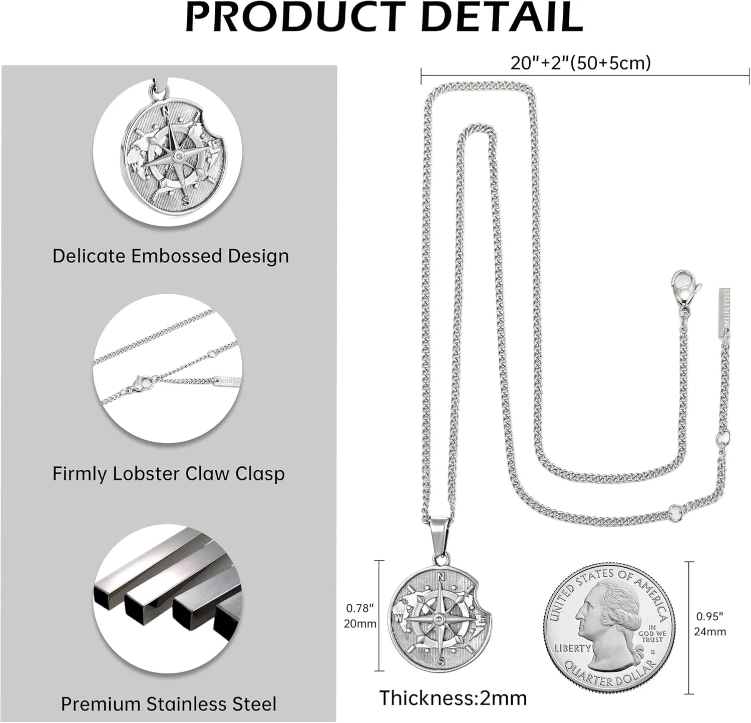 murtoo Compass Necklace for Men and Women, Gold Silver Vintage Stainless Steel Chains Necklace with Compass Pendant Unique Gifts for Men