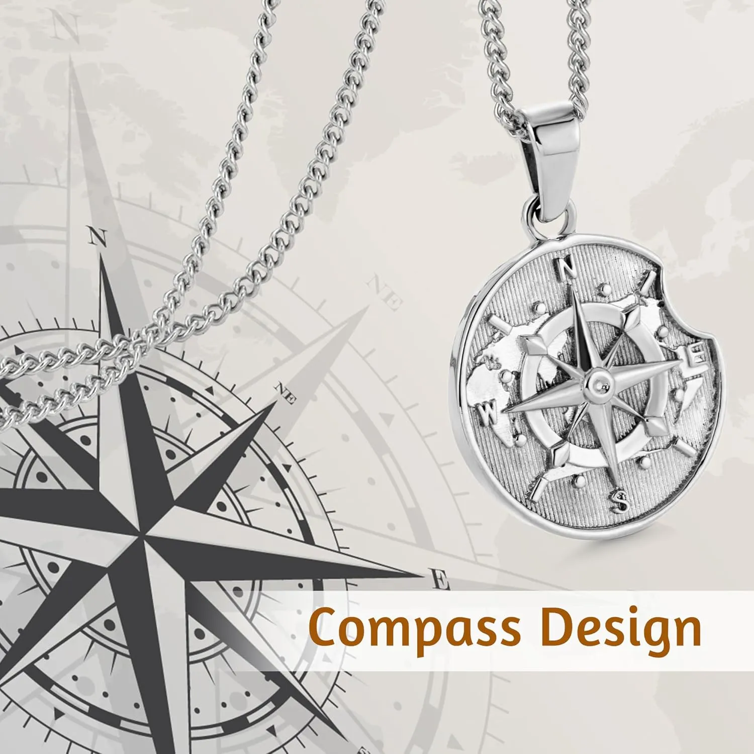 murtoo Compass Necklace for Men and Women, Gold Silver Vintage Stainless Steel Chains Necklace with Compass Pendant Unique Gifts for Men