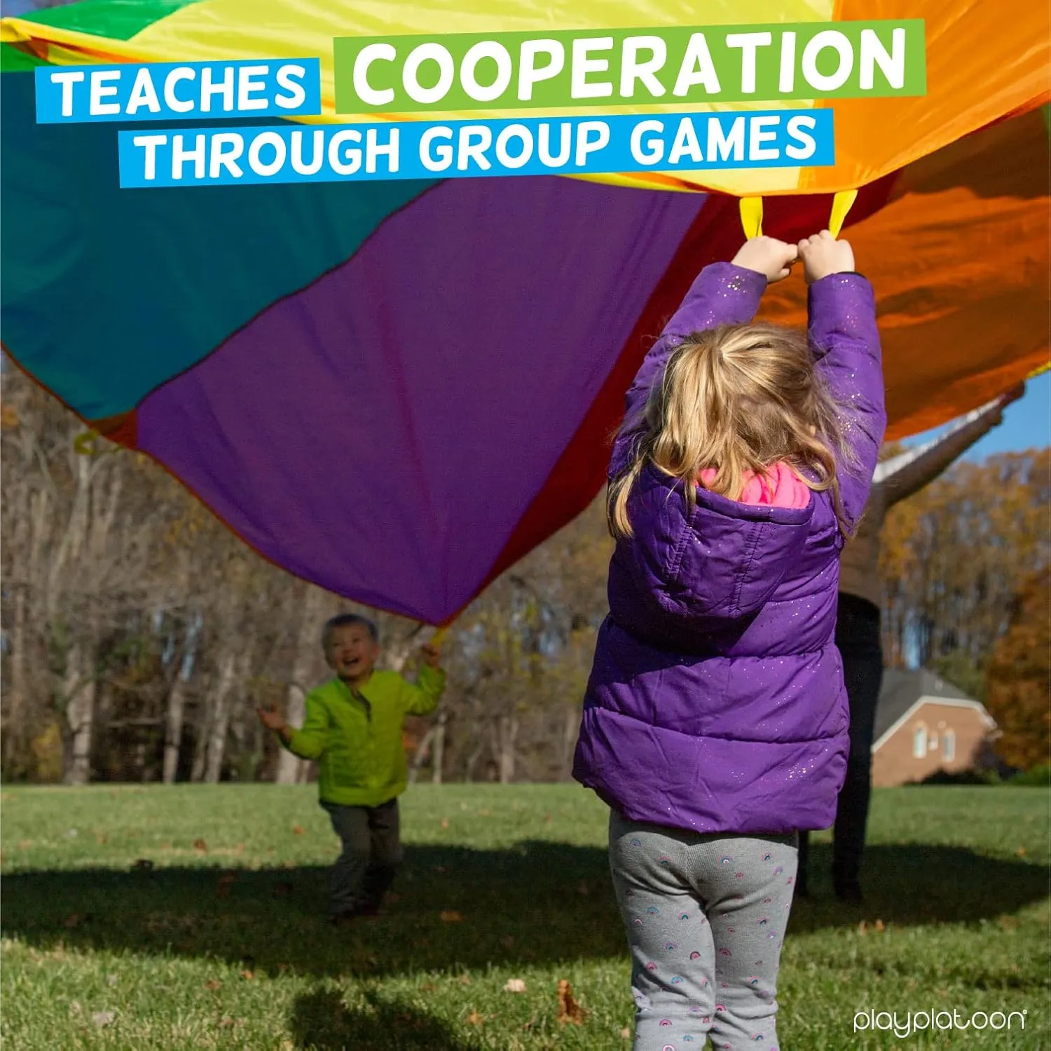 Play Platoon Rainbow Parachute Toy for Kids, 16 ft Parachute Game with 12 Handles for Kids, Elementary School Gym Class PE Equipment, Backyard/Indoor Play Equipment