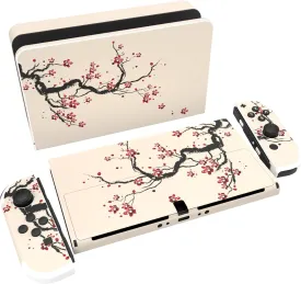 PlayVital Full Set Protective Stickers for Nintendo Switch OLED Model, Customized Vinyl Decal Skins for Switch OLED Console & Joycon & Dock & Grip - Blooming Plum Flowers
