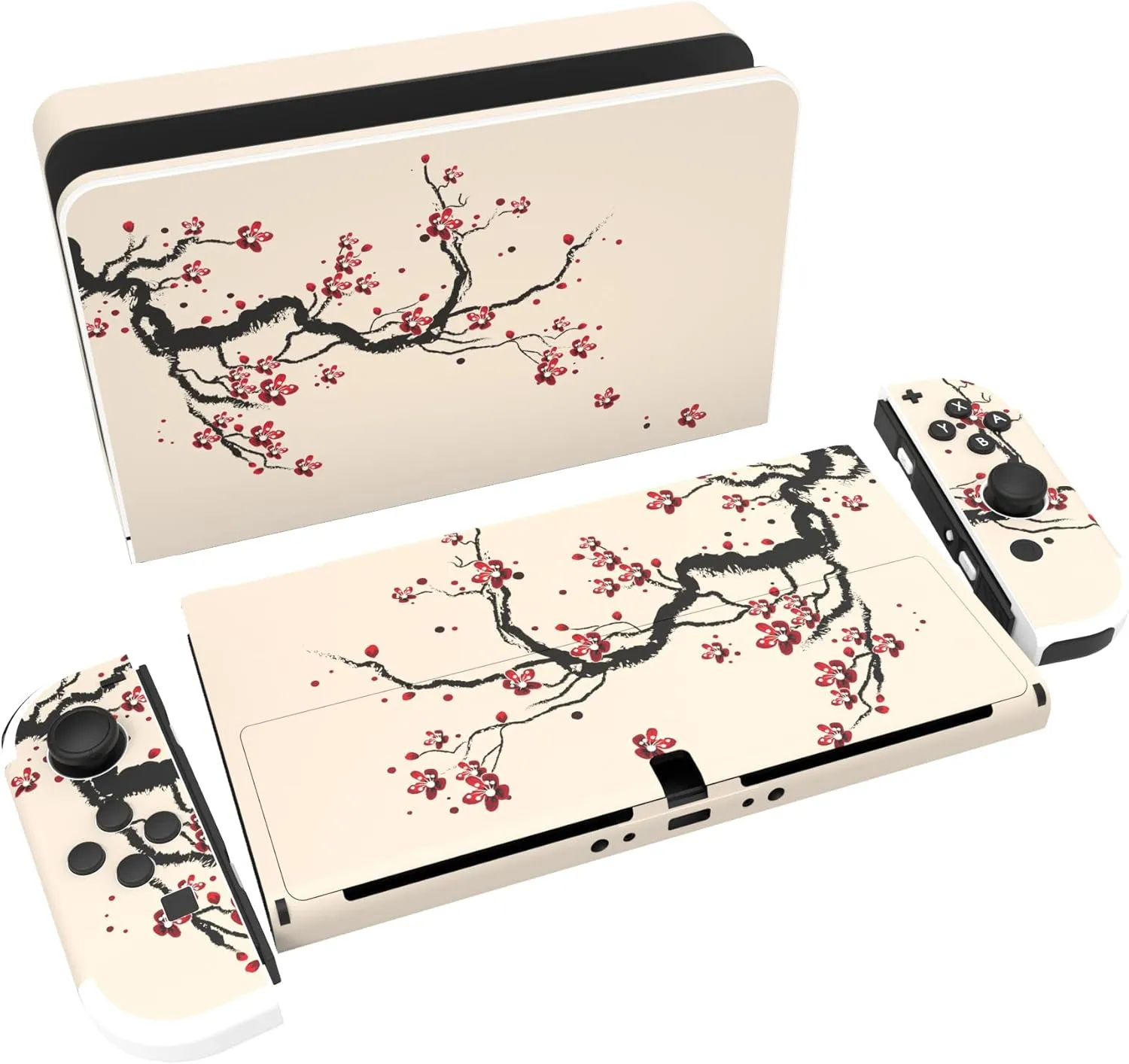 PlayVital Full Set Protective Stickers for Nintendo Switch OLED Model, Customized Vinyl Decal Skins for Switch OLED Console & Joycon & Dock & Grip - Blooming Plum Flowers