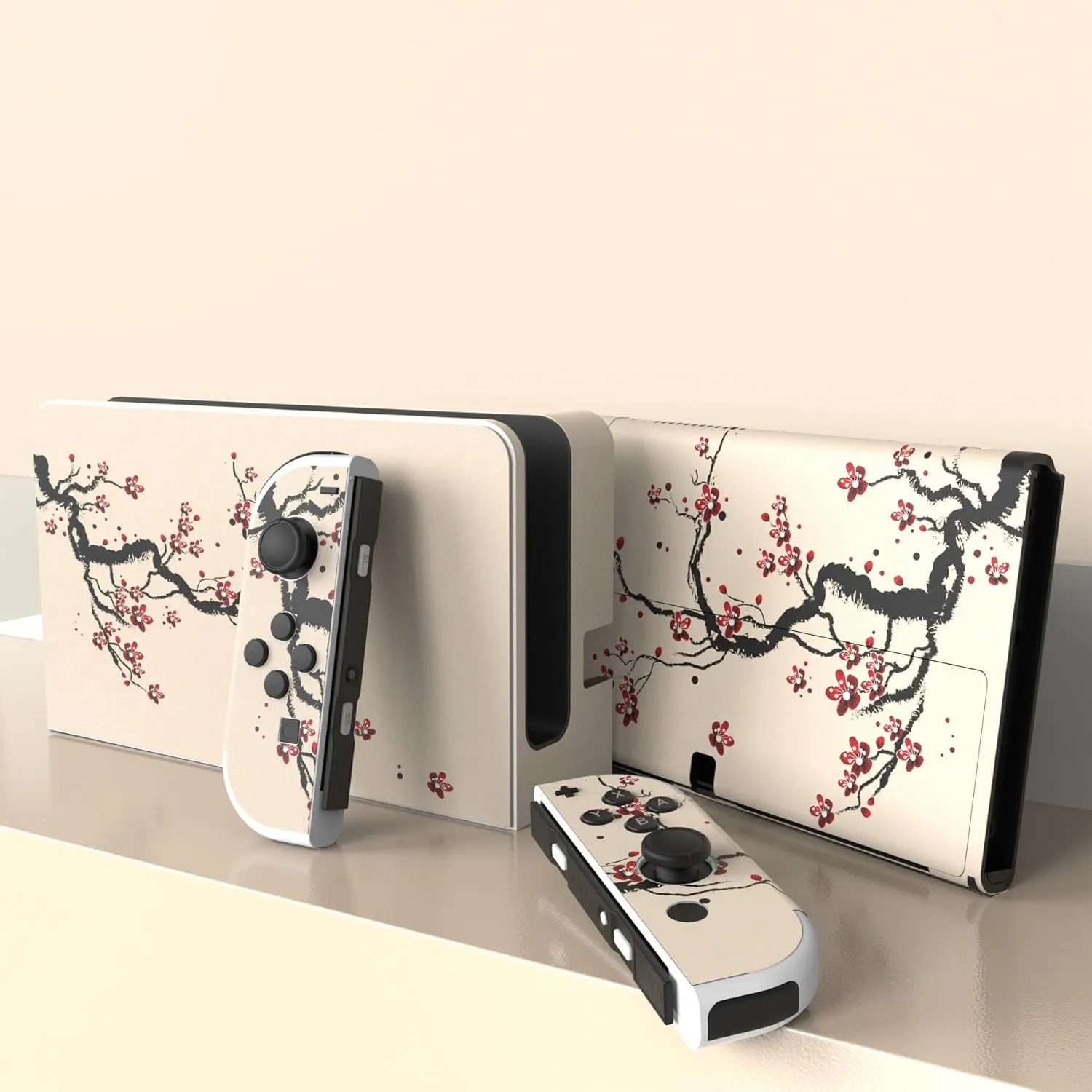 PlayVital Full Set Protective Stickers for Nintendo Switch OLED Model, Customized Vinyl Decal Skins for Switch OLED Console & Joycon & Dock & Grip - Blooming Plum Flowers