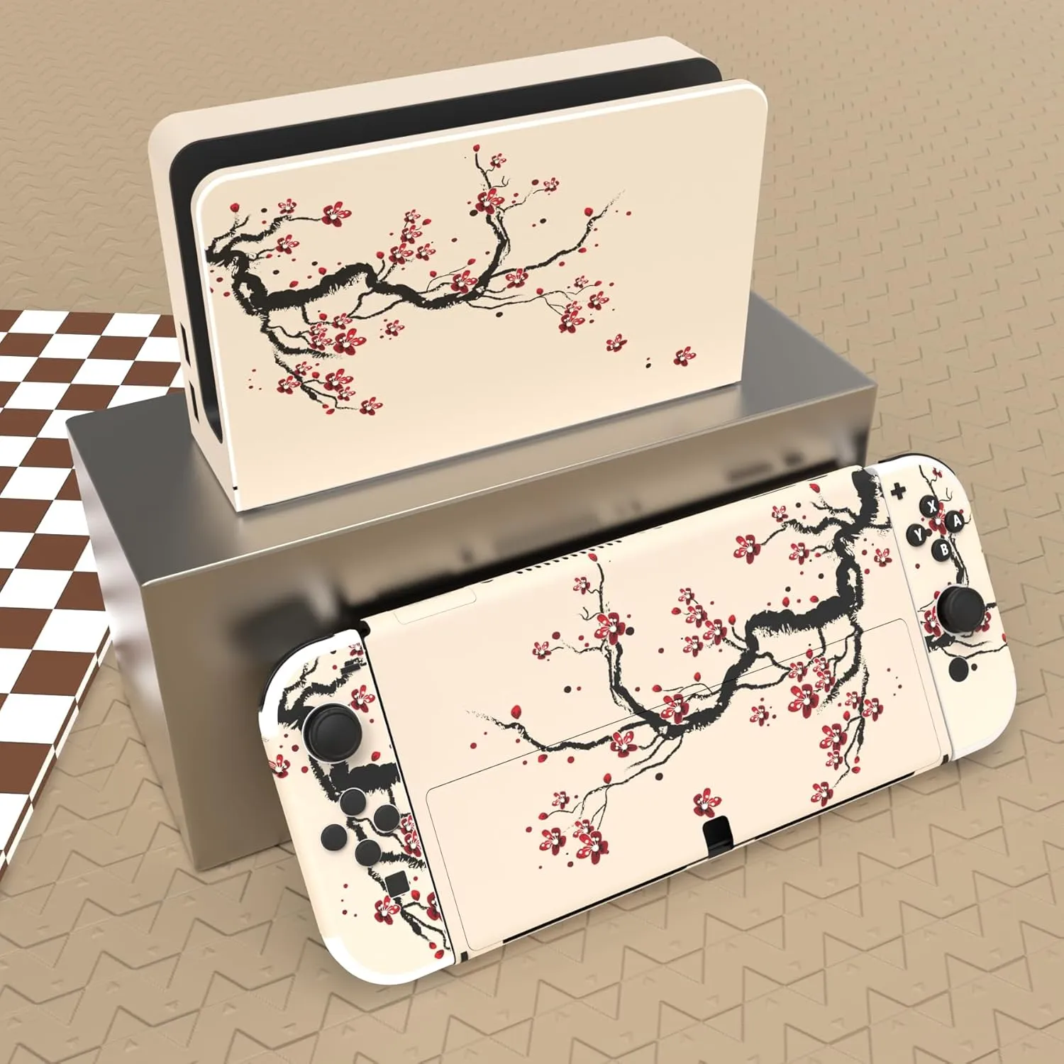 PlayVital Full Set Protective Stickers for Nintendo Switch OLED Model, Customized Vinyl Decal Skins for Switch OLED Console & Joycon & Dock & Grip - Blooming Plum Flowers
