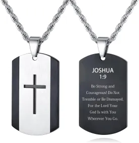 REVEMCN Black Silver Stainless Steel Dog Tag Cross Necklace for Men Boys Featuring Lord's Prayer Bible Verse Cross Pendant Necklace with 20-24 Inch Rope Chain, Inspirational Jewelry Gift for Teen Boys and Men