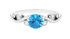 Round Swiss Blue Topaz Designer Engagement Ring with Diamond