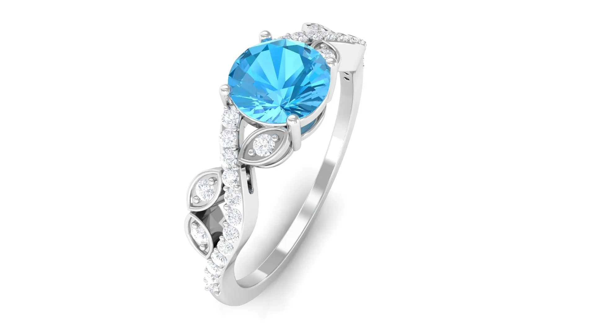 Round Swiss Blue Topaz Designer Engagement Ring with Diamond