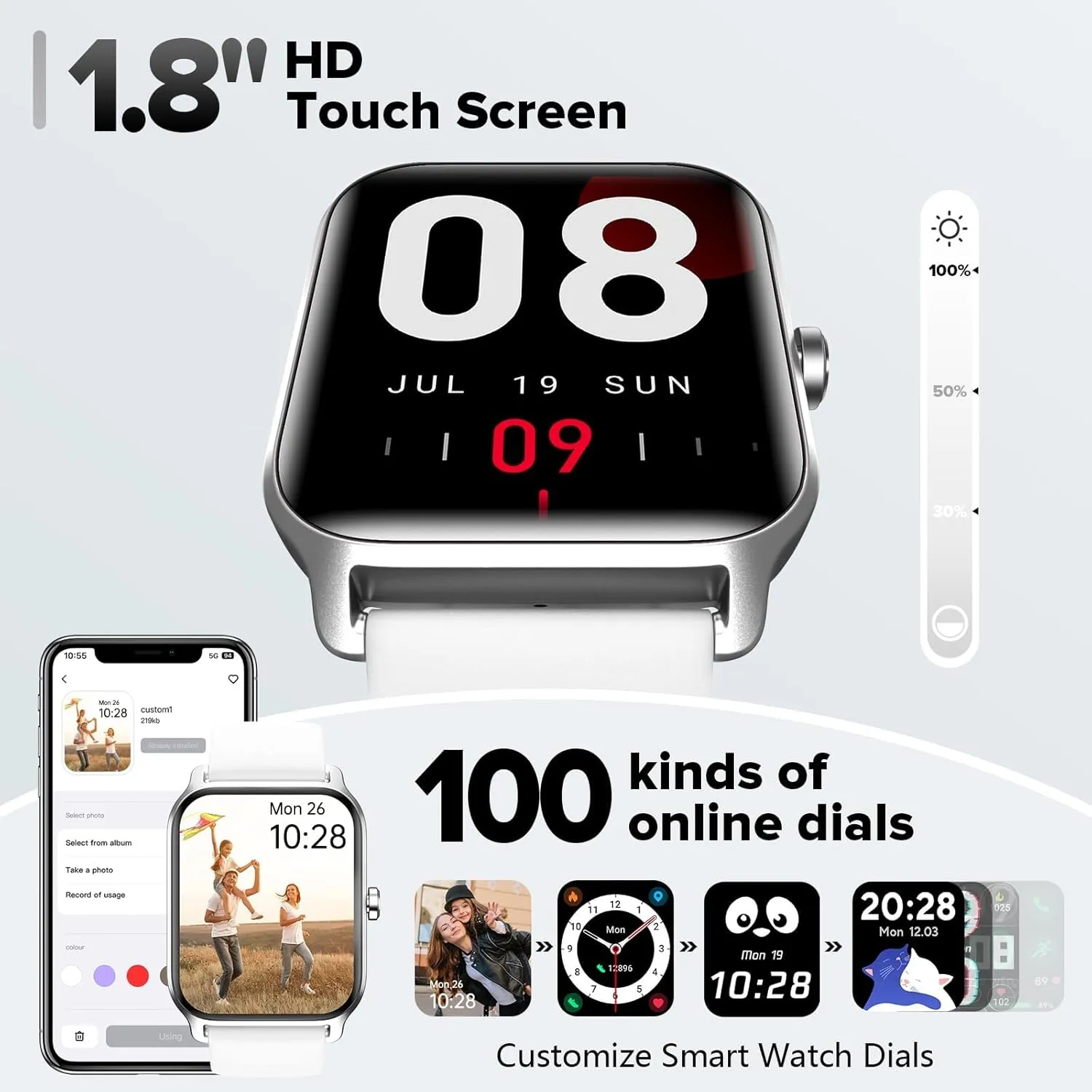 Smart Watch for Women Men, Smartwatch 1.8'' Alexa Fitness Tracker IP68 Waterproof Smart Watches for Women Compatible for Android & iOS with Bluetooth Calls, IP68 Heart Rate/Sleep/SpO2 Monitor, 110 