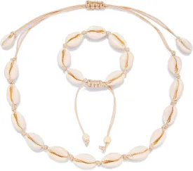 Starain 2Pcs Shell Necklace Anklet for Women Handmade Adjustable Puka Beach Shell Necklace Set
