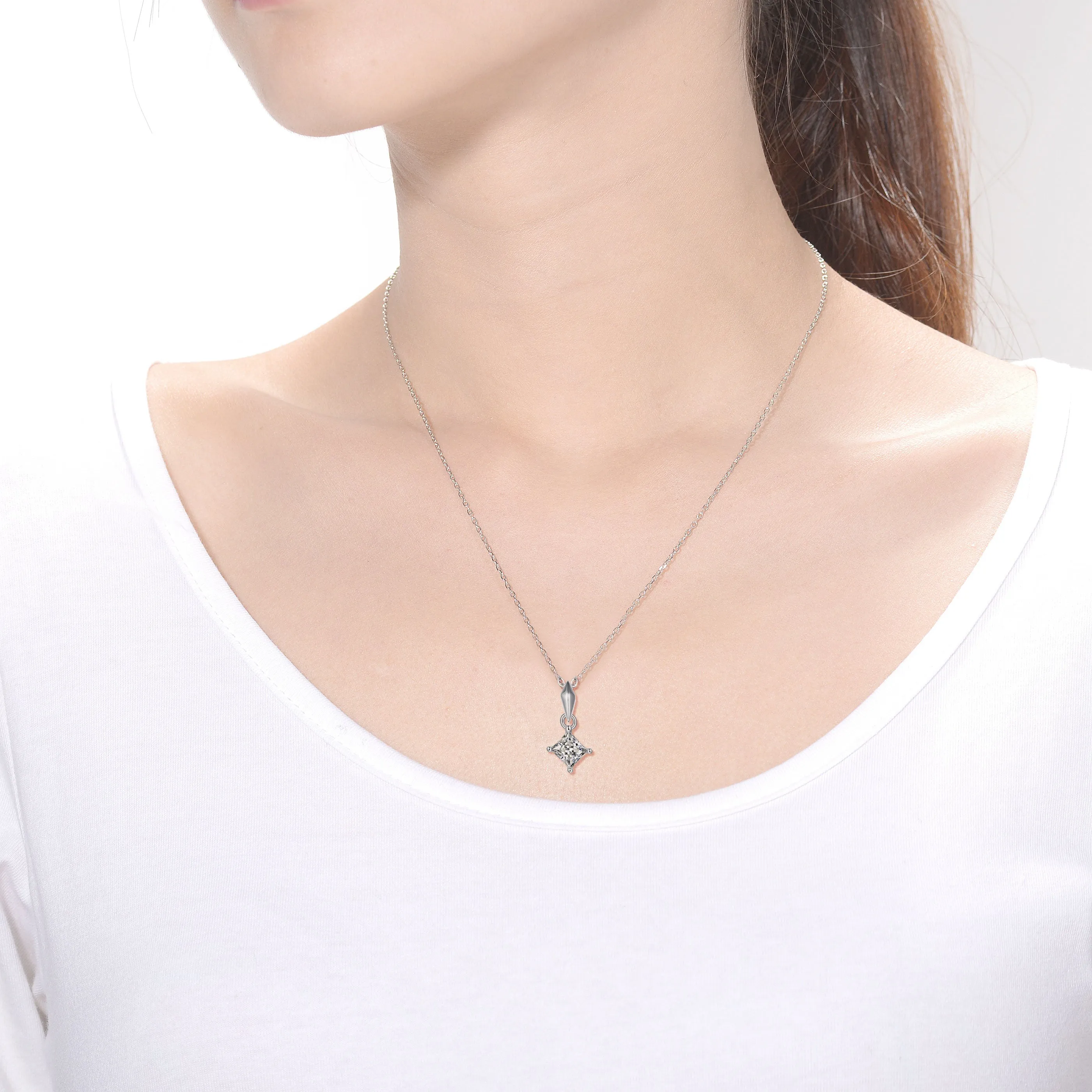 Sterling Silver with 1ctw Lab Created Moissanite Princess Solitaire Pendant Necklace