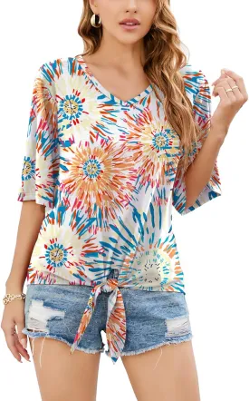 SUEANI Women's Tie Front Tops Summer V Neck 3/4 Bell Sleeve Twist Knot T Shirts