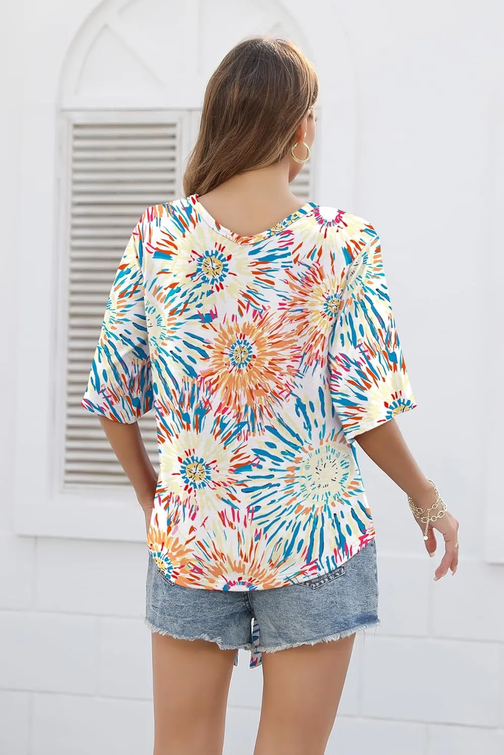 SUEANI Women's Tie Front Tops Summer V Neck 3/4 Bell Sleeve Twist Knot T Shirts