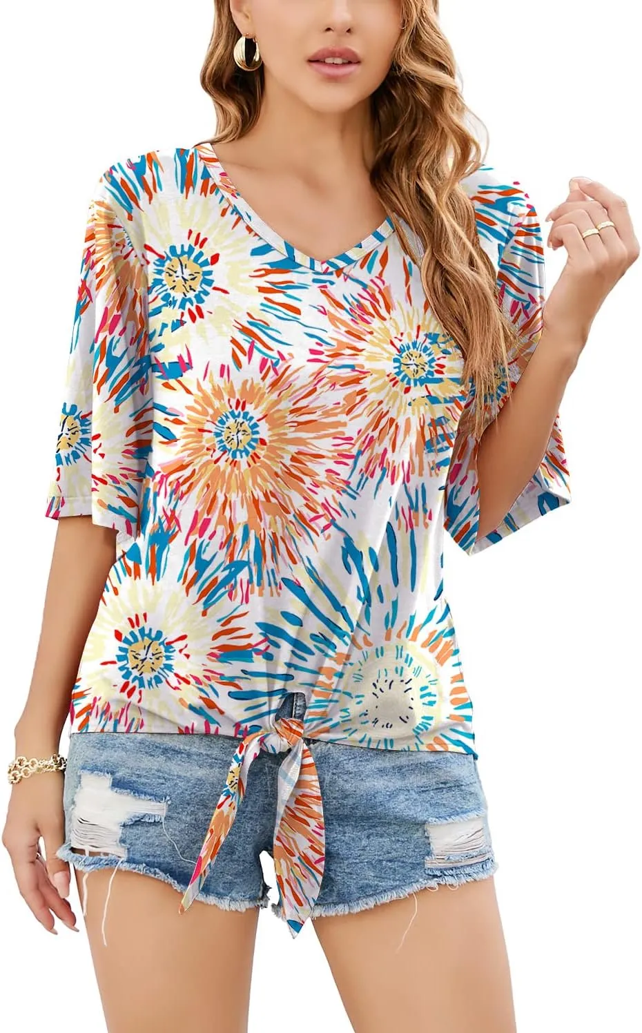 SUEANI Women's Tie Front Tops Summer V Neck 3/4 Bell Sleeve Twist Knot T Shirts